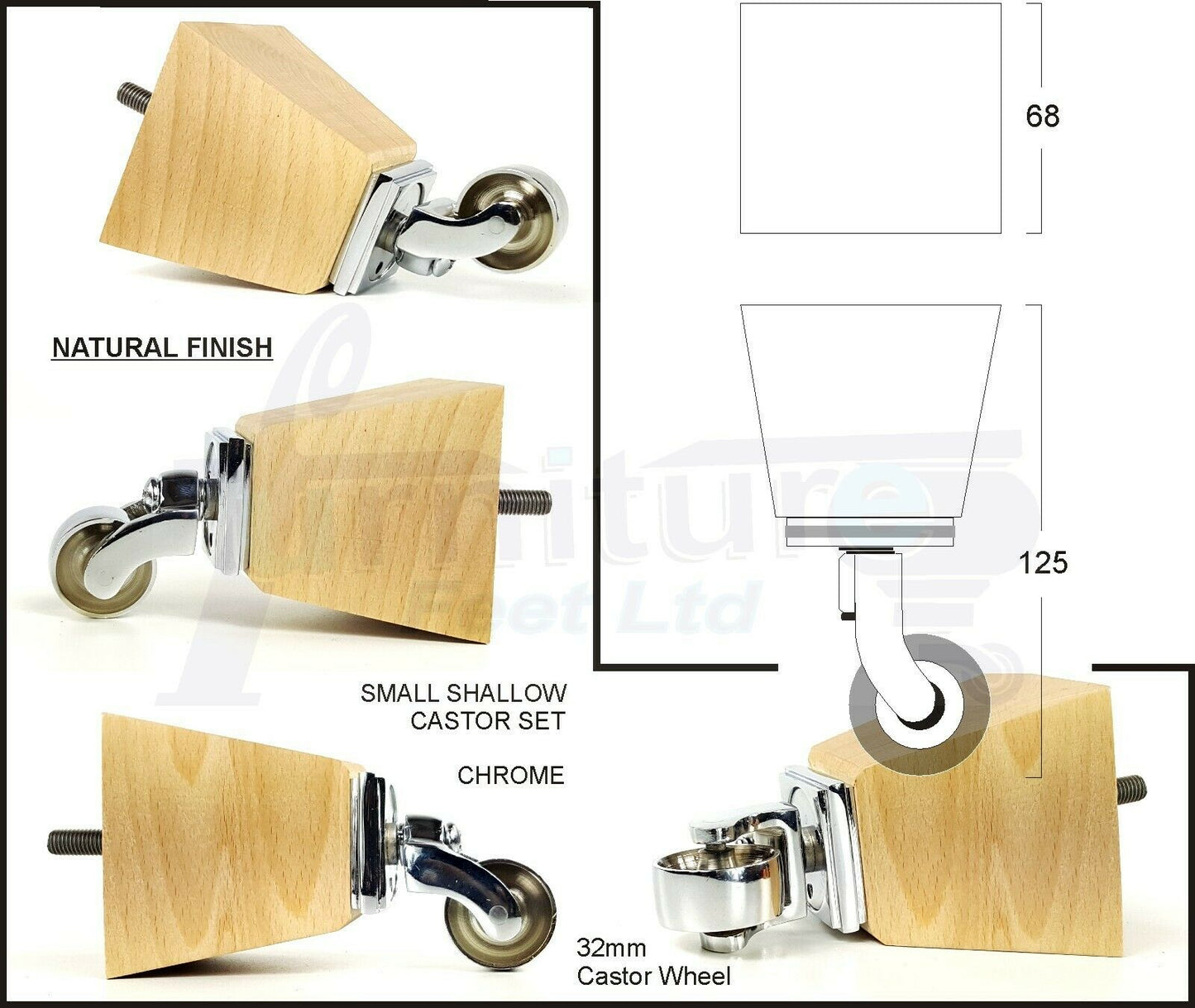 Set Of 4 Wooden Turned Replacement Furniture Legs 125mm High With Chrome Castor Wheels 8mm Thread