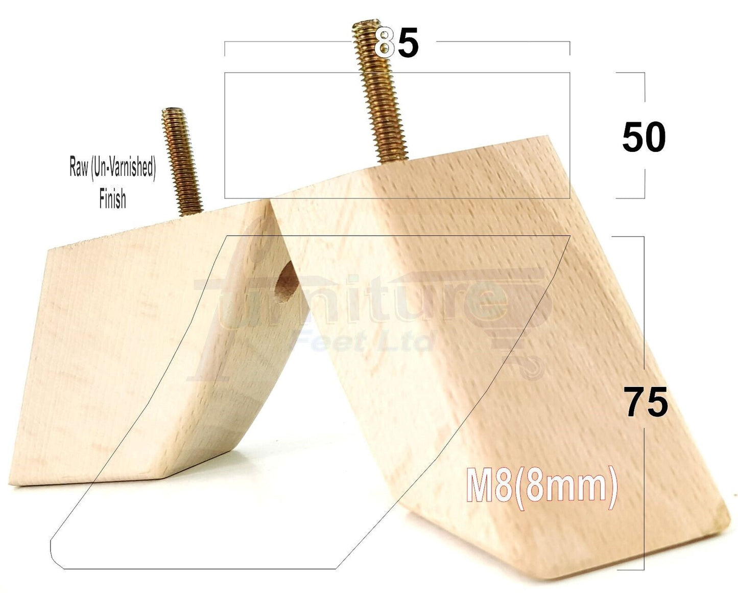 SET OF 4 WOODEN FURNITURE FEET 75mm HIGH REPLACEMENT SOFA LEGS 8mm Thread
