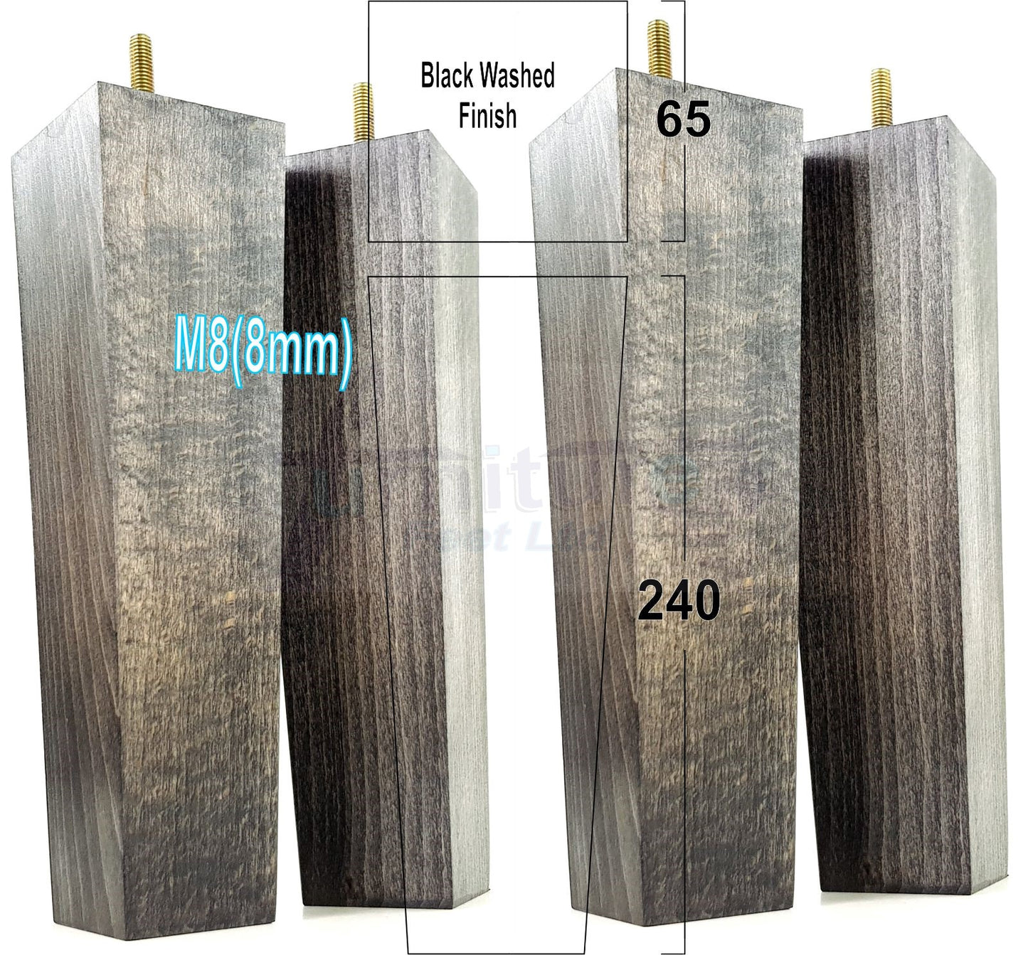 4 Solid Wood Furniture Feet Square Replacement Block Tapered Legs 240mm High M8 Sofa Chairs Stools Cabinets Beds
