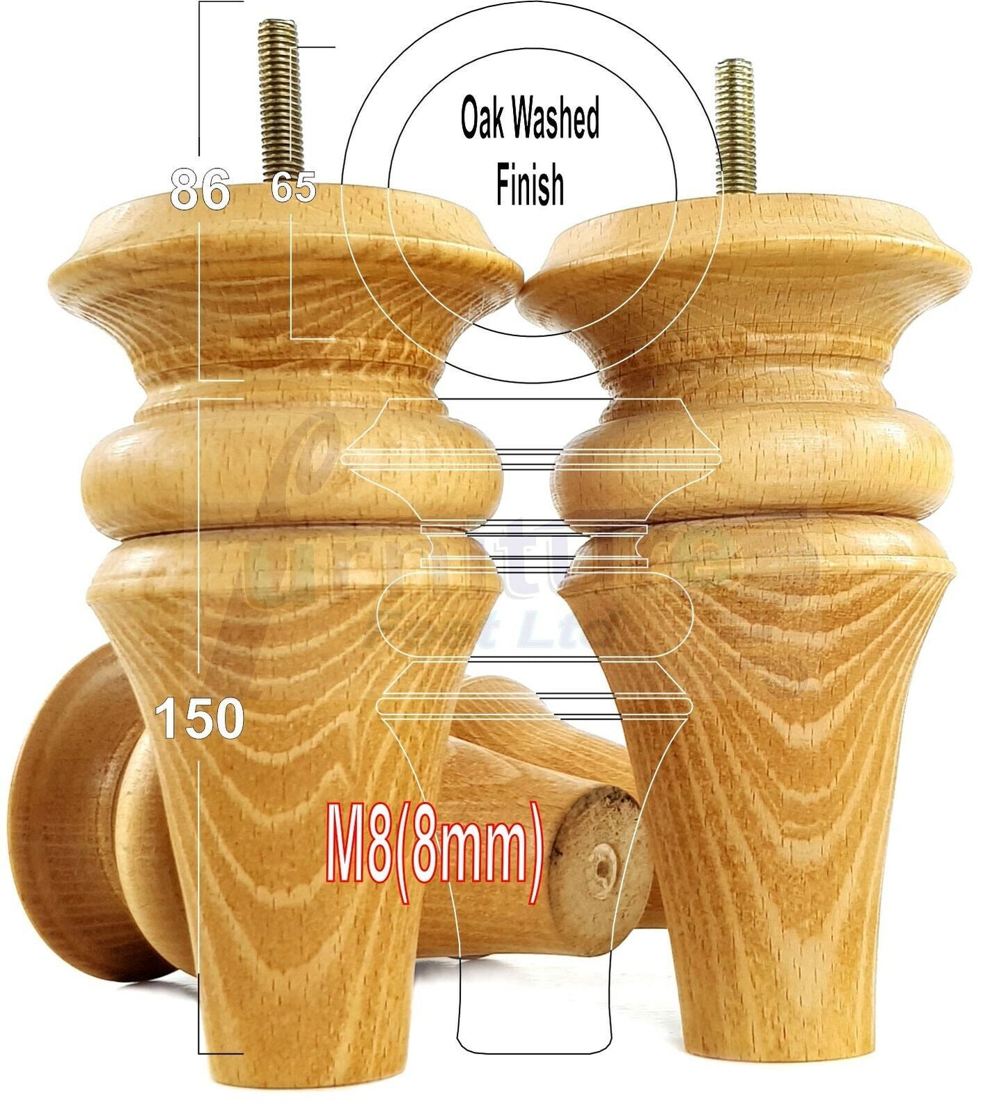 4x Turned Furniture Legs 150mm High M8(8mm) Replacement Feet