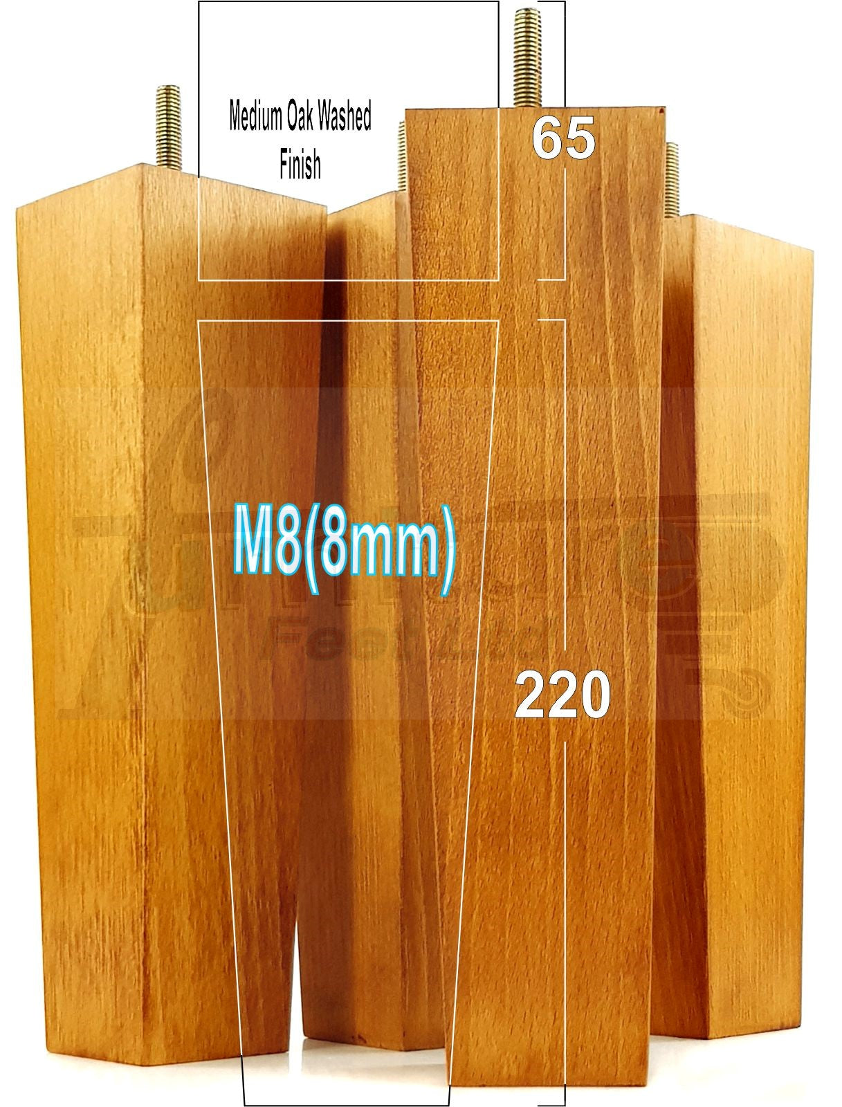 4 Solid Wood Furniture Feet Square Replacement Block Tapered Legs 220mm High M8 Sofa Chairs Stools Cabinets Beds