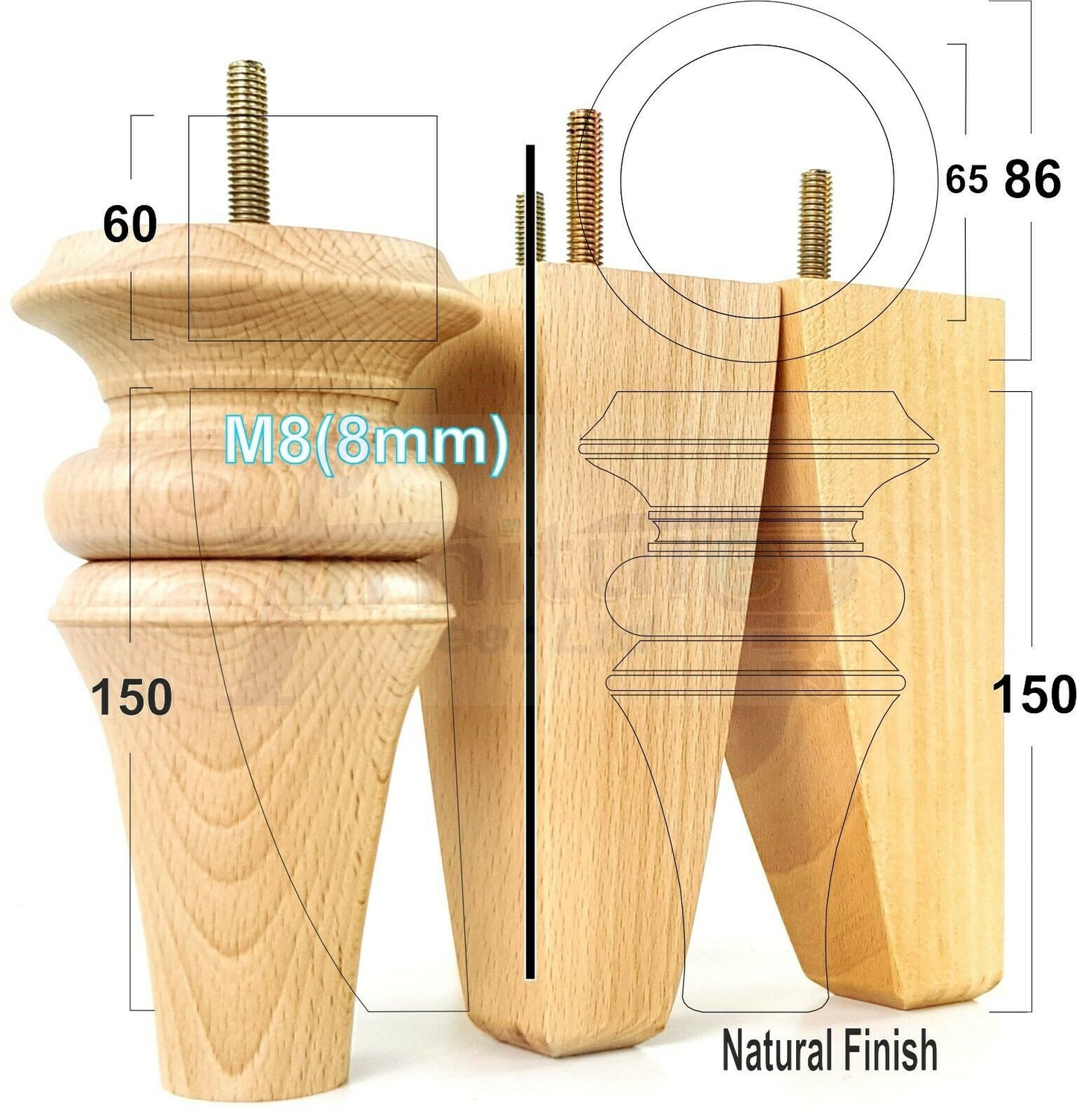 2x Turned & 2x Curved Back Wooden Feet Replacement Furniture Legs 150mm M8(8mm)