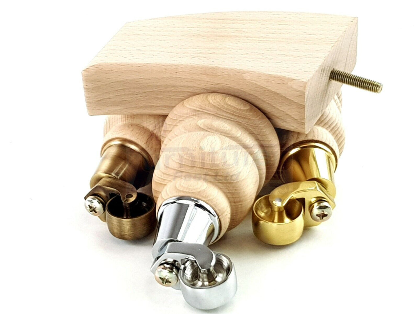 Turned Raw Solid Wood Replacement Furniture Legs 2x with Castors and 2x Curved Back Feet 8mm Dowl Fixing 6 Inches 165mm High