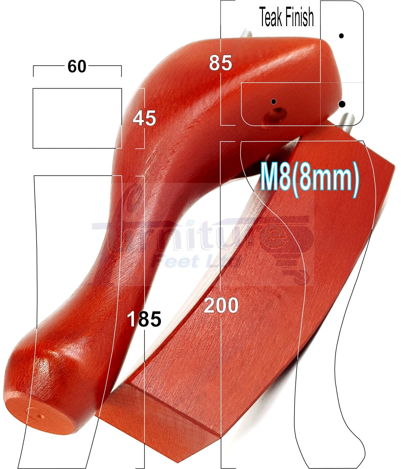 2x Vintage Queen Anne Replacement Furniture Legs & 2x Curved Back Feet 200mm High 8mm Thread