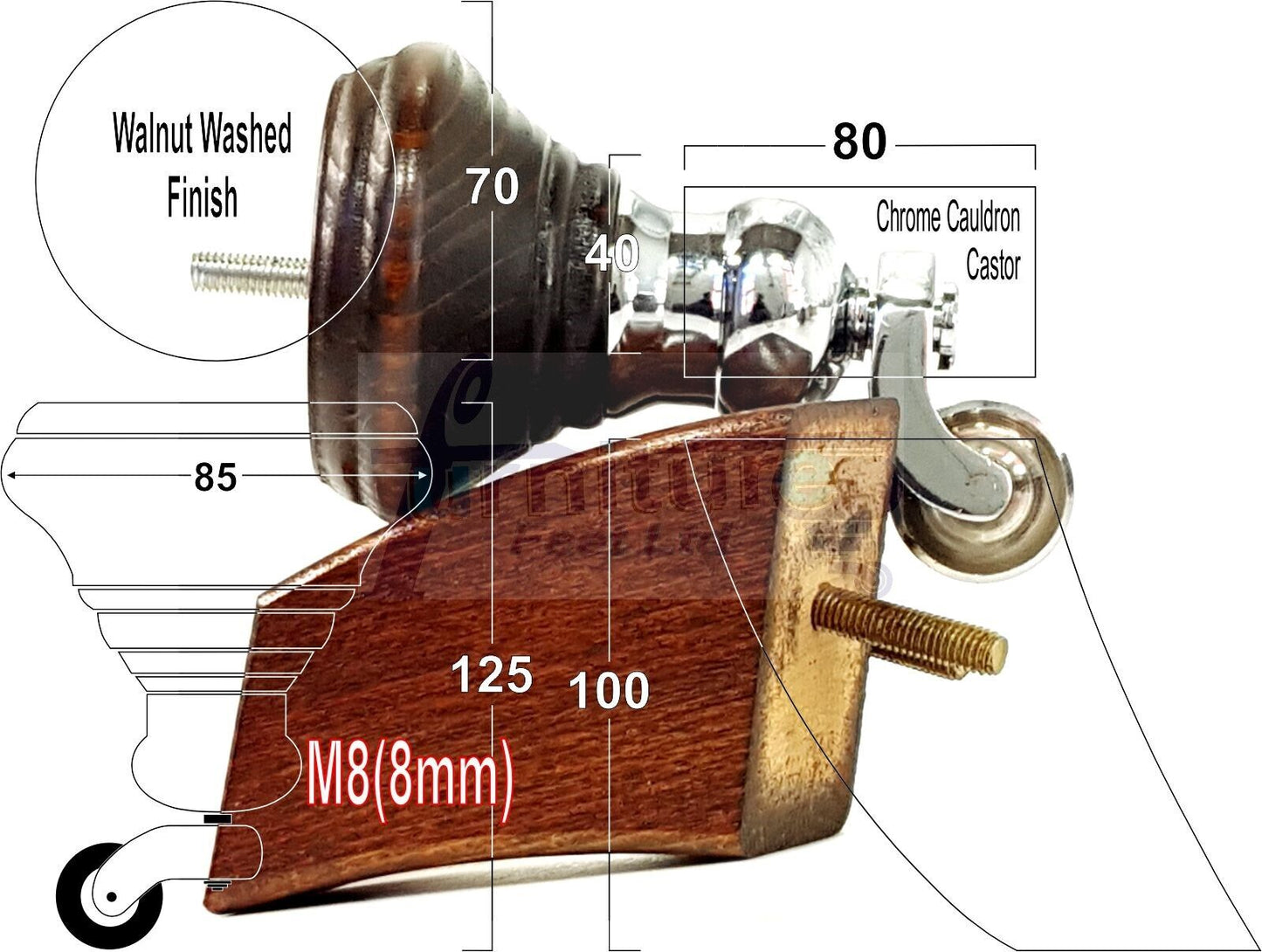 2 Dark Walnut Washed Wood Furniture Sofa Feet With Castor 125mm & 2 Curved Legs Chair Settee 100mm High M8