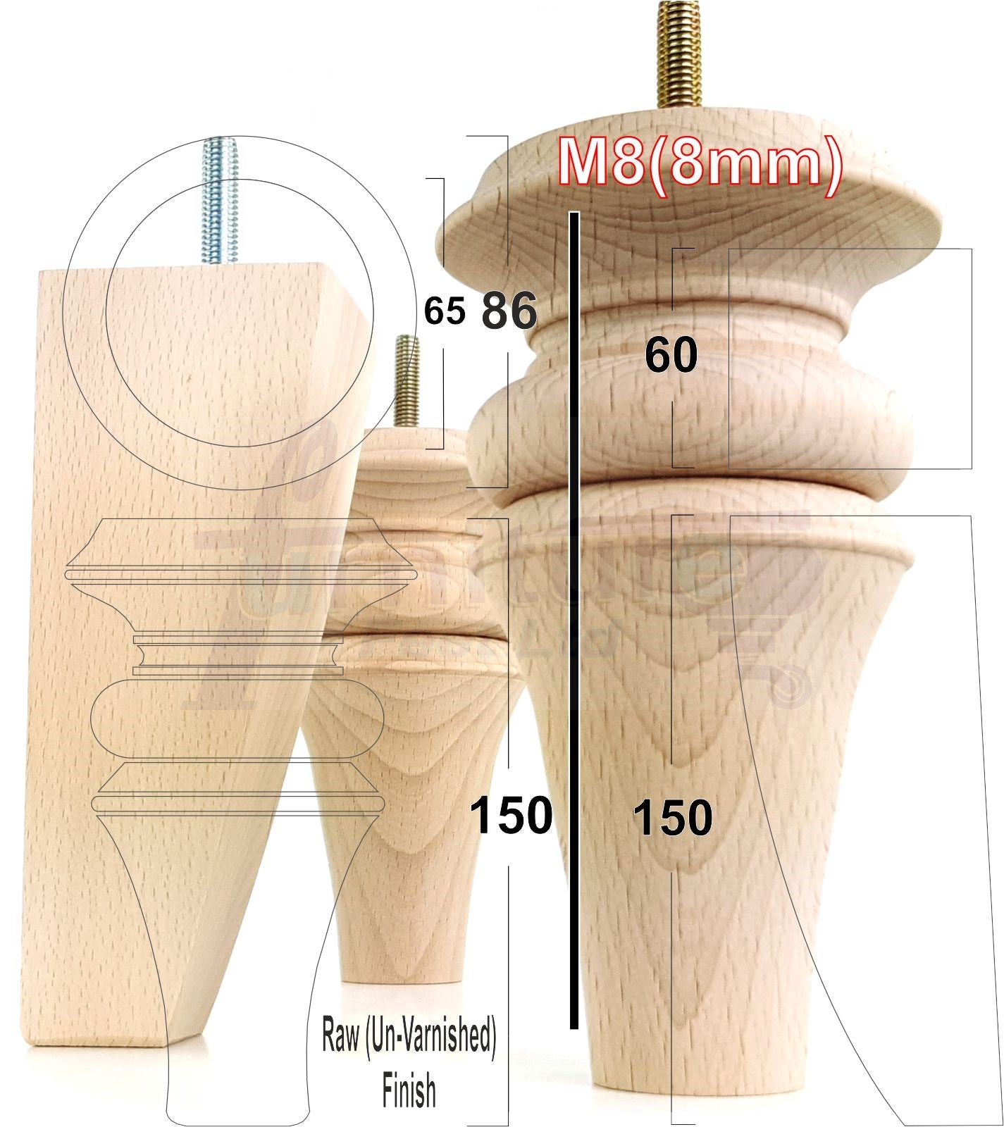 2x Turned & 2x Curved Back Wooden Feet Replacement Furniture Legs 150mm M8(8mm)