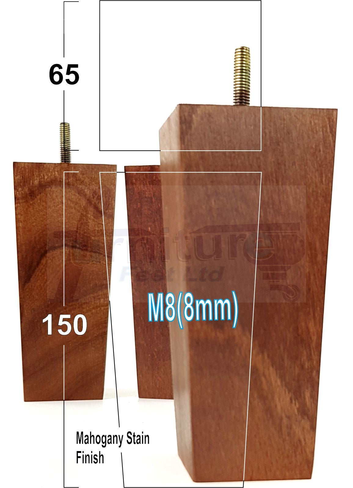 4 Solid Wood Furniture Feet Square Replacement Block Tapered Legs 150mm High M8 Sofa Chairs Stools Cabinets Beds