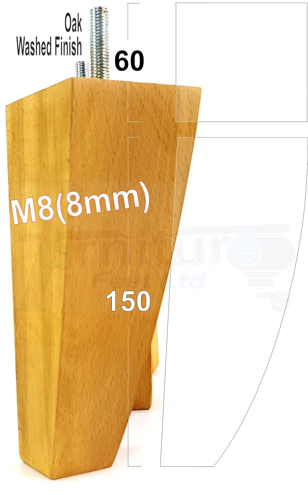 4x Tapered Square Furniture Legs Sofa Feet M8 for Chairs, Settees 150mm High