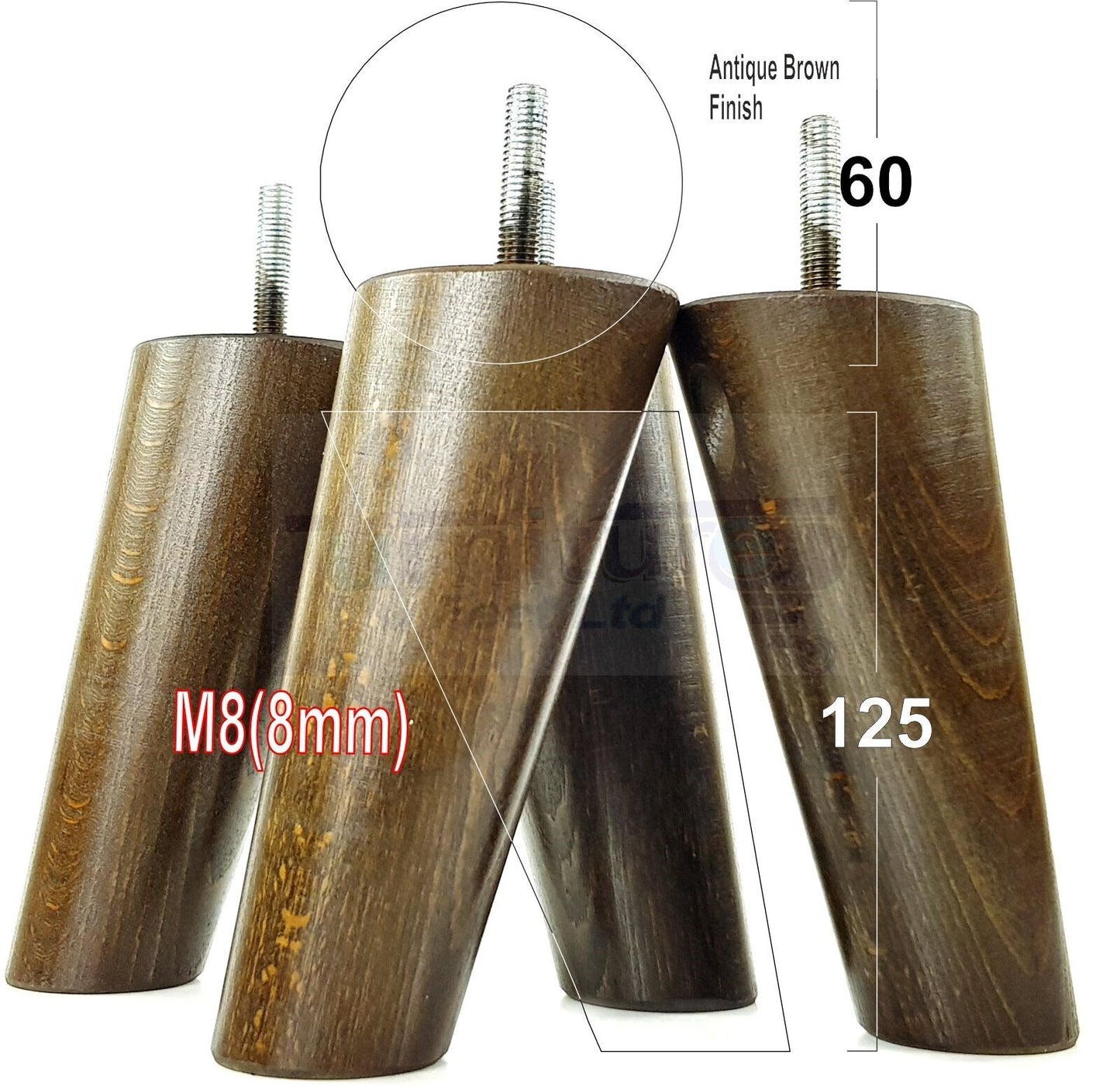 4 Solid Wood Turned Furniture Feet Replacement Mid Centry Angled Retro Legs 125mm High M8 Sofa Chairs Stools Cabinets Beds