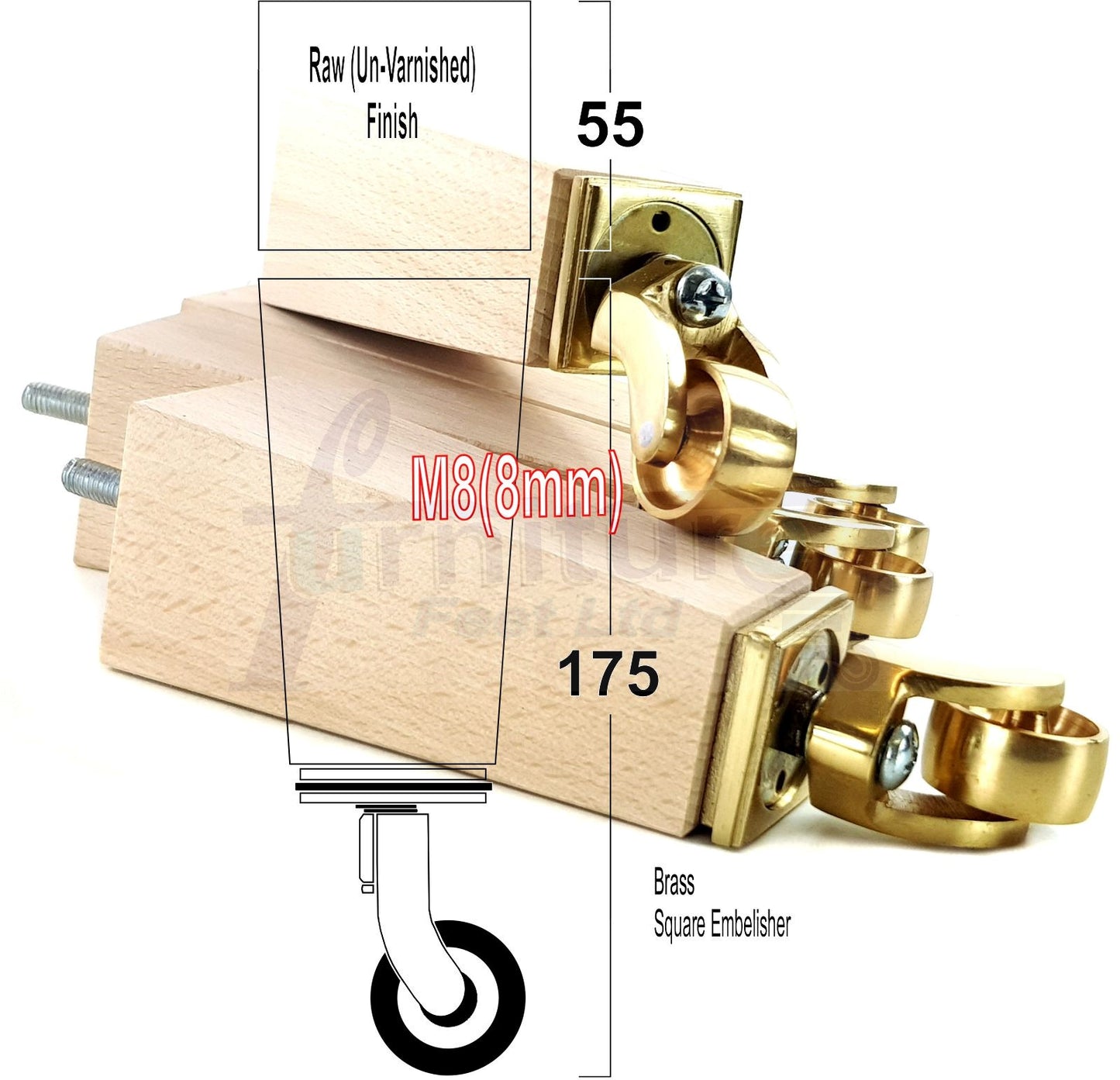 4x Solid Wood Furniture Legs Chair Sofa Bed Replacement Feet 175mm High With Brass Castors 8mm Thread