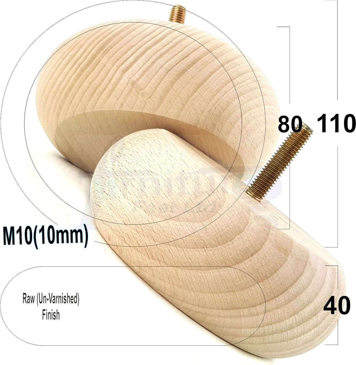 Set Of 4 Turned Wood Furniture Legs Chair Sofa Bed Replacement Bun Feet 40mm High M10 Thread