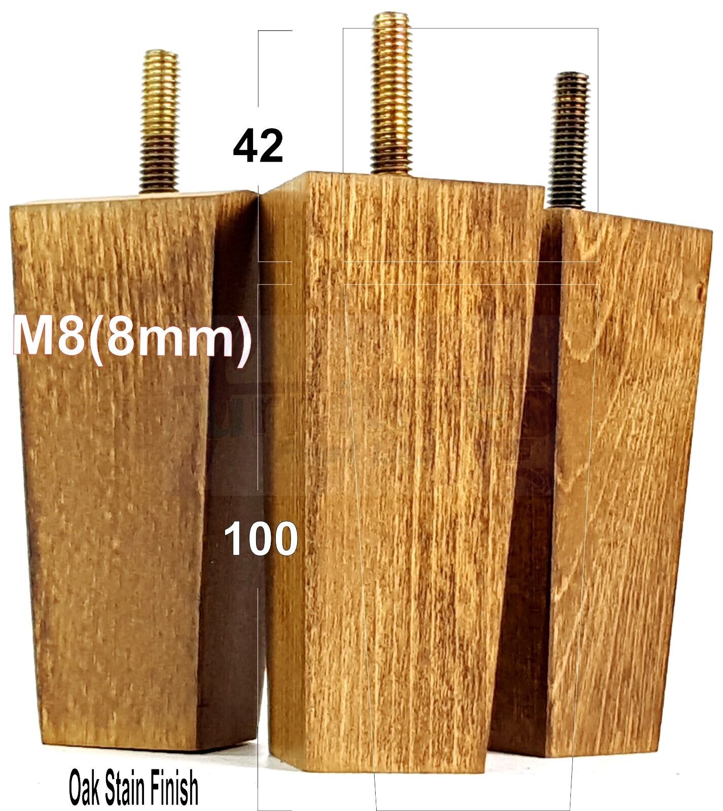 4x Solid Wood Block Furniture Legs Replacement Square Feet 100mm High M8(8mm)