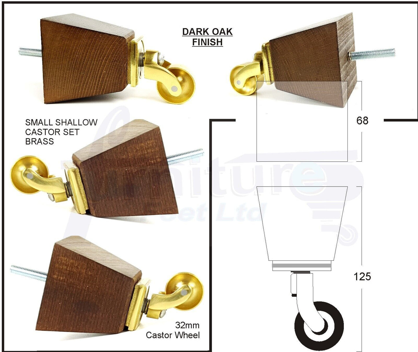 Set Of 4 Wooden Turned Replacement Furniture Legs 125mm High With Brass Castor Wheels 8mm Thread