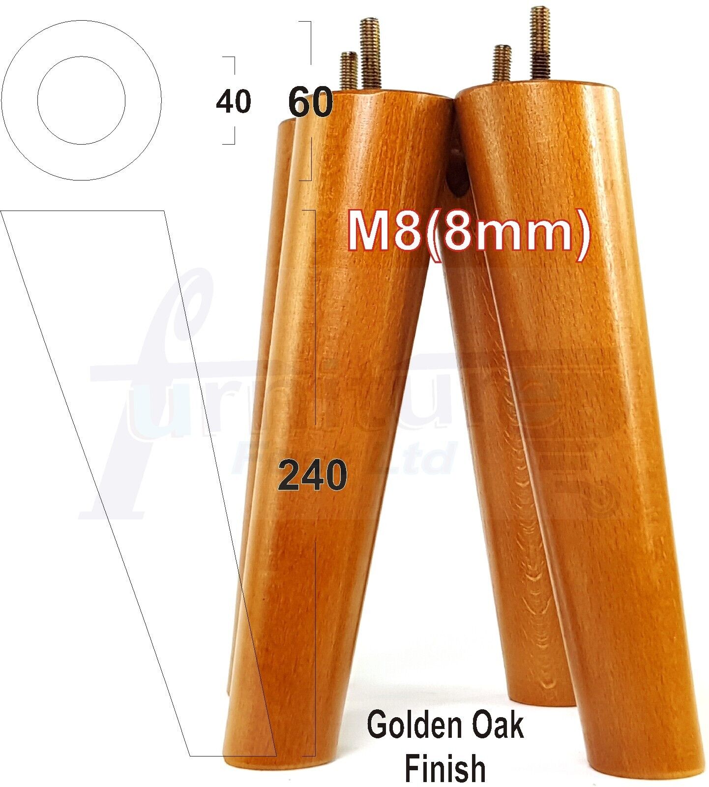 4x Wood Replacement Angled Furniture Chair Legs M8 Settee Sofa Feet 240mm High