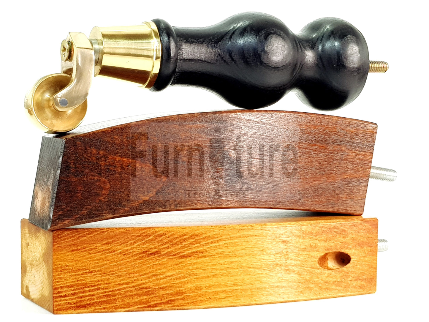 2x Turned Wood Furniture Feet With Brass Castor 155mm and 2 Curved Back Legs 6 Inches 8mm Thread