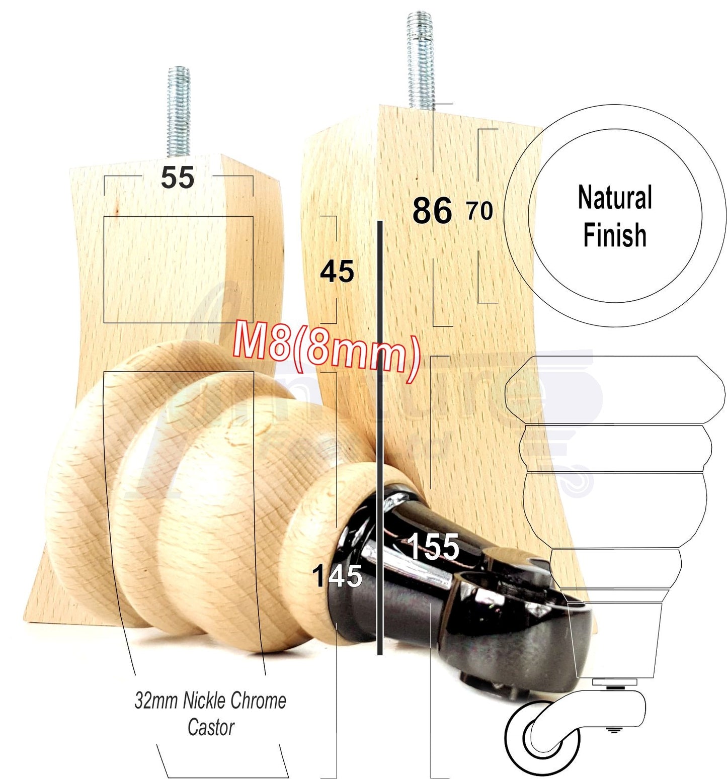 Natural Turned Wood Furniture Feet 2 With Castors 155mm and 2 Curved Back Legs Sofas Chairs Stools Cabinets Beds M8 6 Inches
