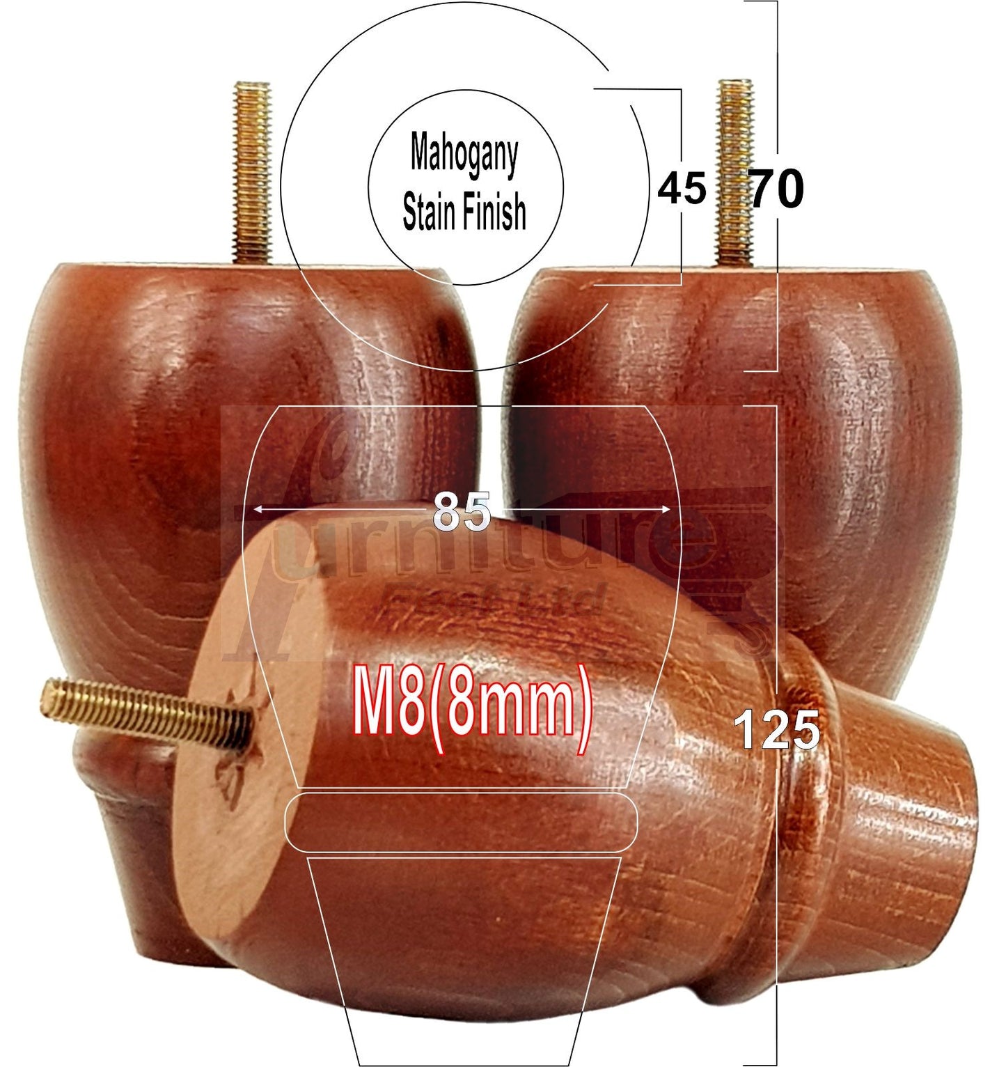 SET OF 4 REPLACEMENT FURNITURE BUN FEET TURNED WOODEN LEGS 125mm HIGH FOR SETTEE CHAIRS SOFAS FOOTSTOOLS M8 (8mm) PKC342