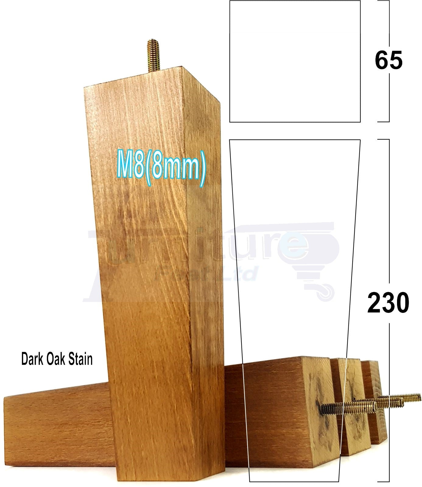 4 Solid Wood Furniture Feet Square Replacement Block Tapered Legs 230mm High M8 Sofa Chairs Stools Cabinets Beds