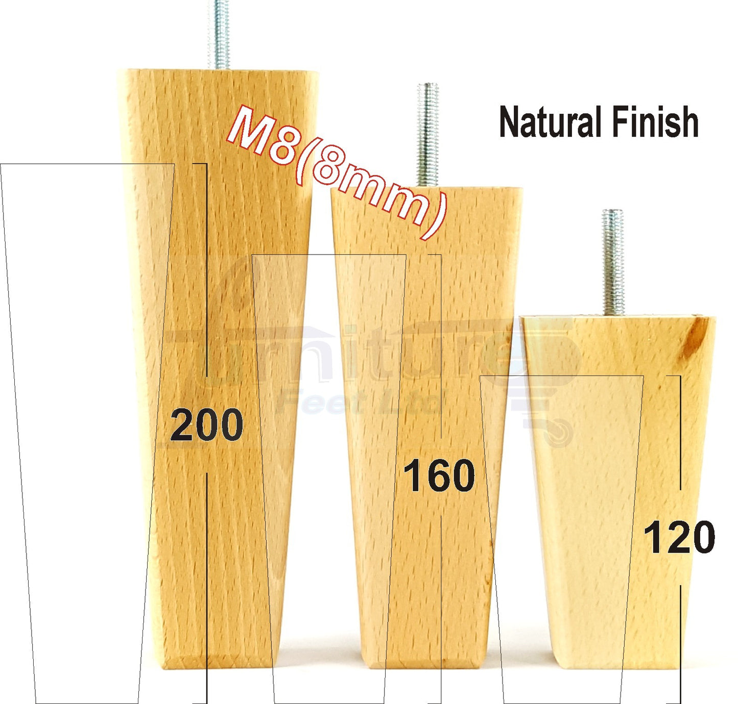 4x Wooden Furniture Legs 170mm High Replacement Square Tapered Feet 8mm