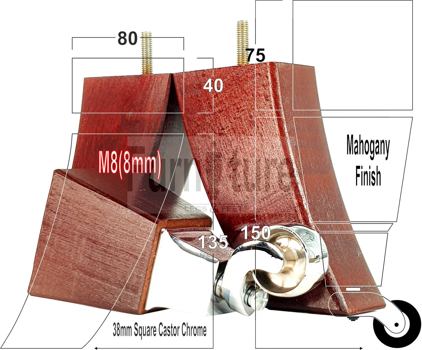 2x Cuved Wood Furniture Legs & 2x Castor Feet 150mm High For Chairs Sofas Settees 8mm Thread