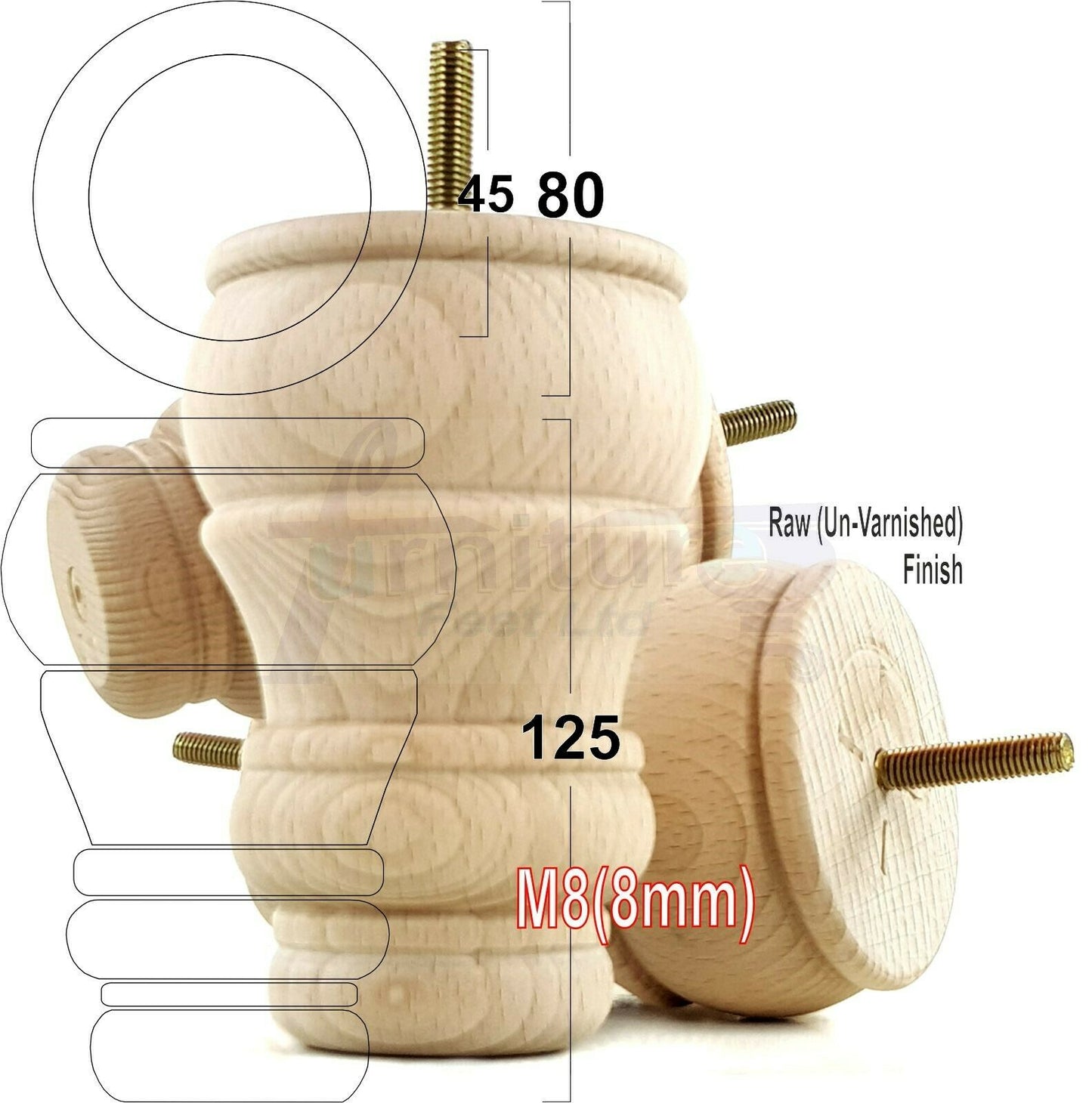 4 Turned Wood Furniture Chair Legs M8 Replacement Sofa Settee Feet 125mm High
