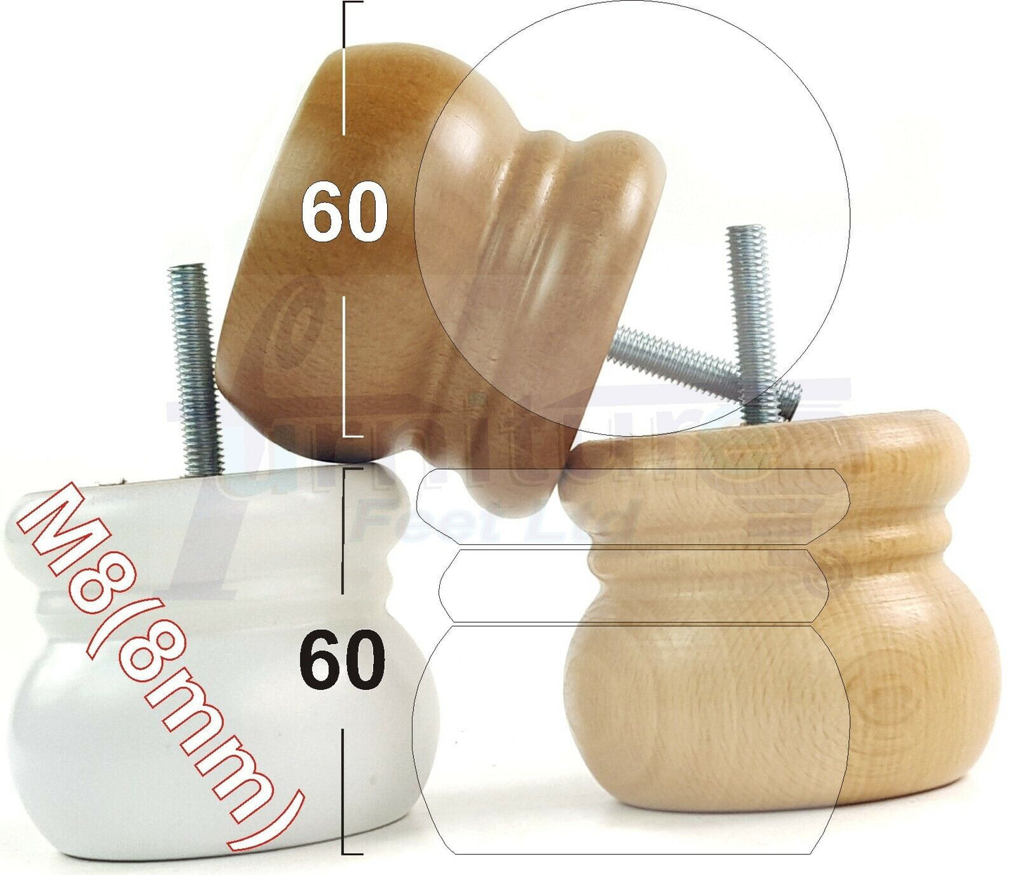 4 Wood Bun Feet Replacement Turned Furniture Legs 60mm High Multiple Colours 2 Inches Tall Chairs Stools Sofa Beds Cabinets M8