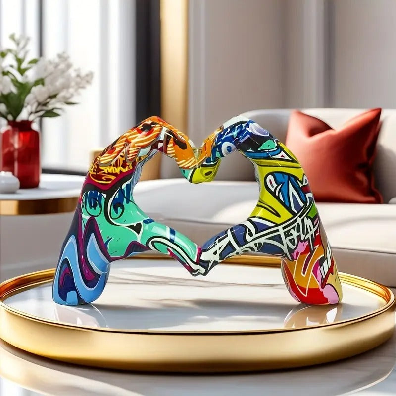 Colourful Graffiti Heart Hands Sculpture Modern Resin Art Modern Abstract Heart Decor 12cm High