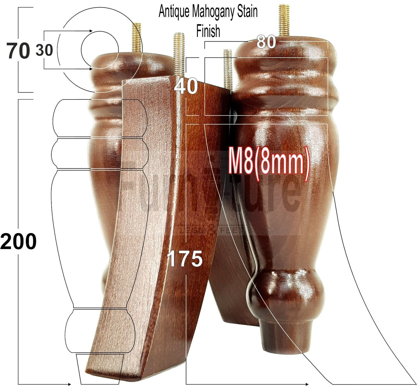 2 Turned Furniture Feet Replacement Sofa Legs 200mm & 2 Curved Back Legs 185mm for Chairs Sofa Settee Cabinets M8