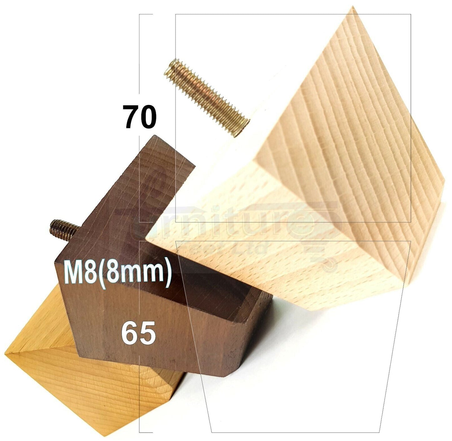 Set Of 4 Solid Wood Square Block Furniture Feet Replacement Legs 65mm High M8(8mm)