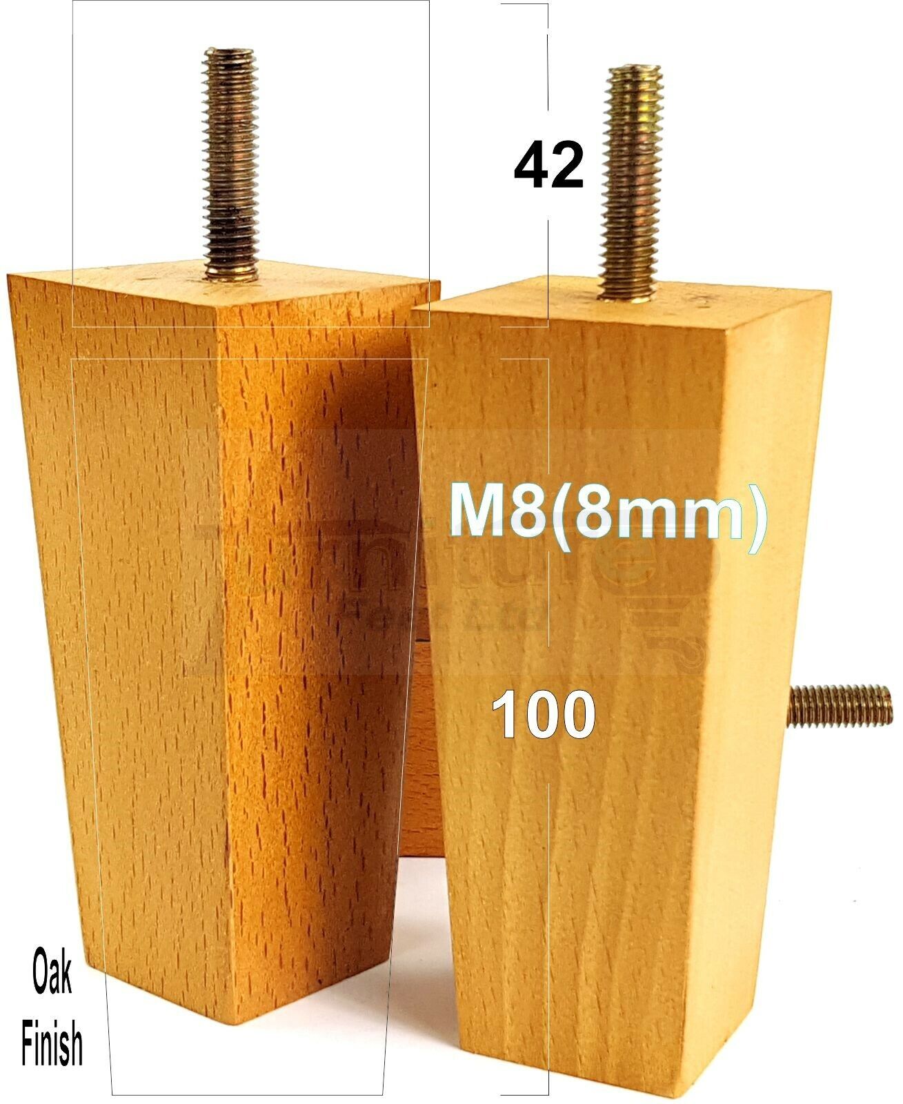 4x Solid Wood Block Furniture Legs Replacement Square Feet 100mm High M8(8mm)