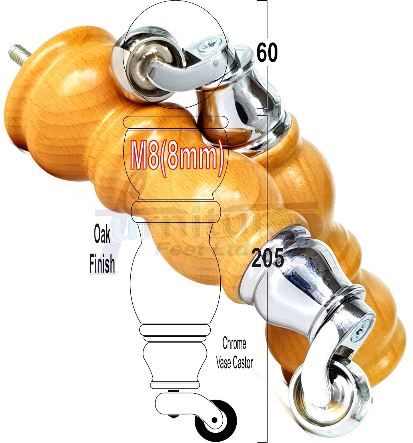 Solid Wood Furniture Feet With Castors Set of 4 Legs 205mm High For Sofas Chairs Stools Cabinets & Beds M8