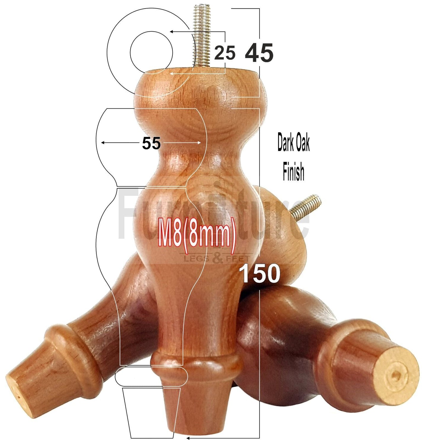 Set Of 4 Solid Wood Turned Furniture Feet Replacement Legs 150mm High 8mm Thread