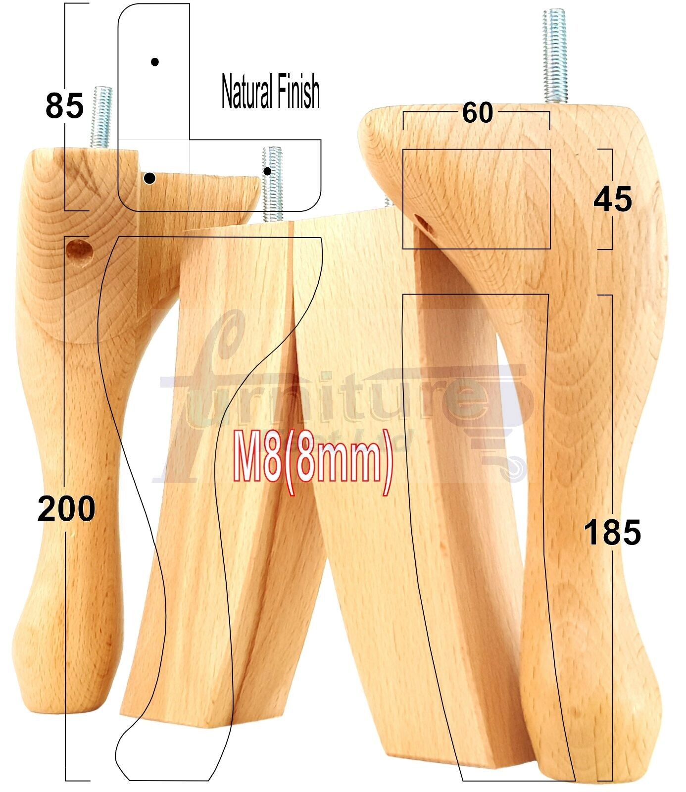 2x Vintage Queen Anne Replacement Furniture Legs & 2x Curved Back Feet 200mm High 8mm Thread