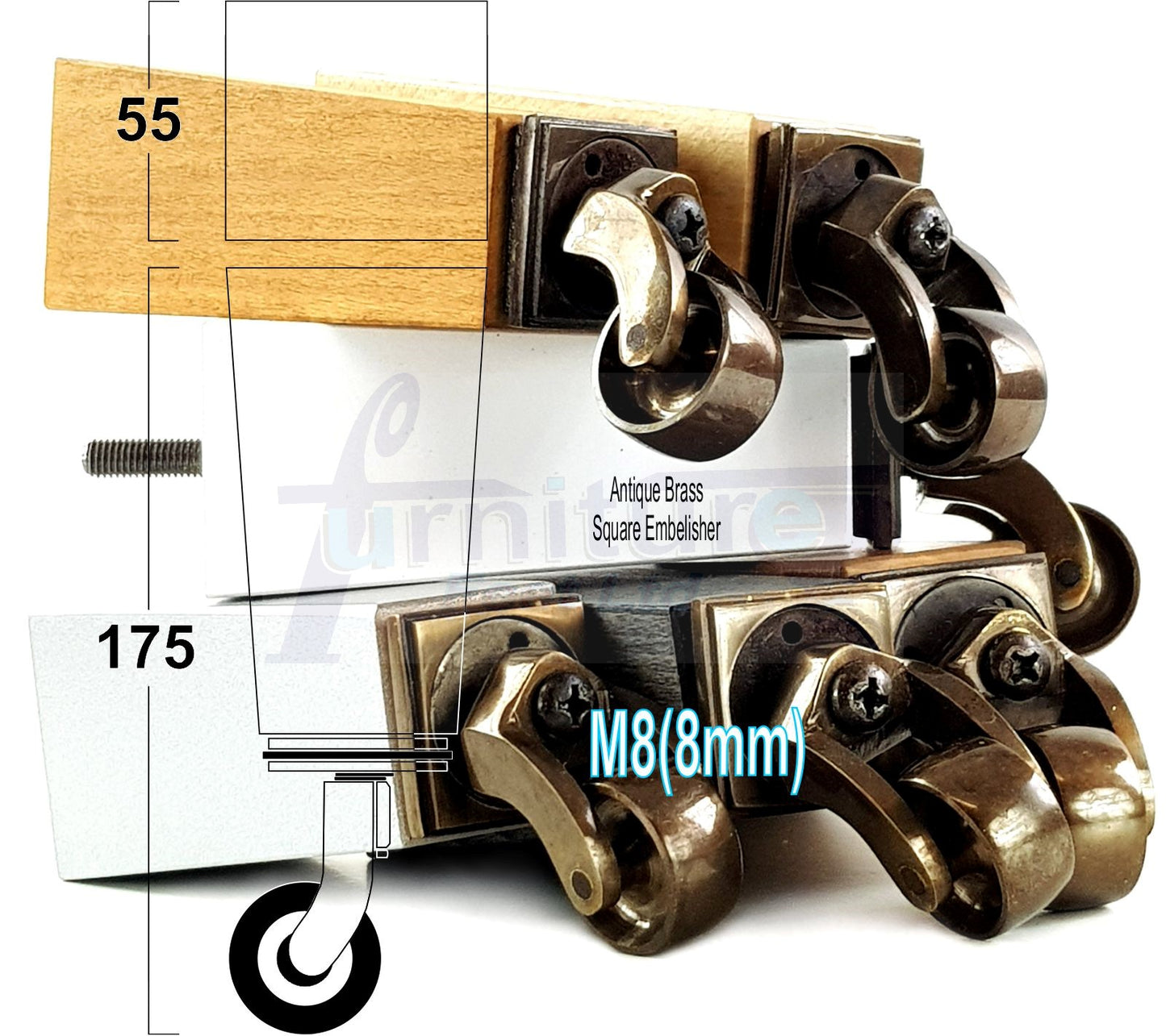 4x Solid Wood Furniture Legs Chair Sofa Bed Replacement Feet 175mm High With Antique Castors 8mm Thread
