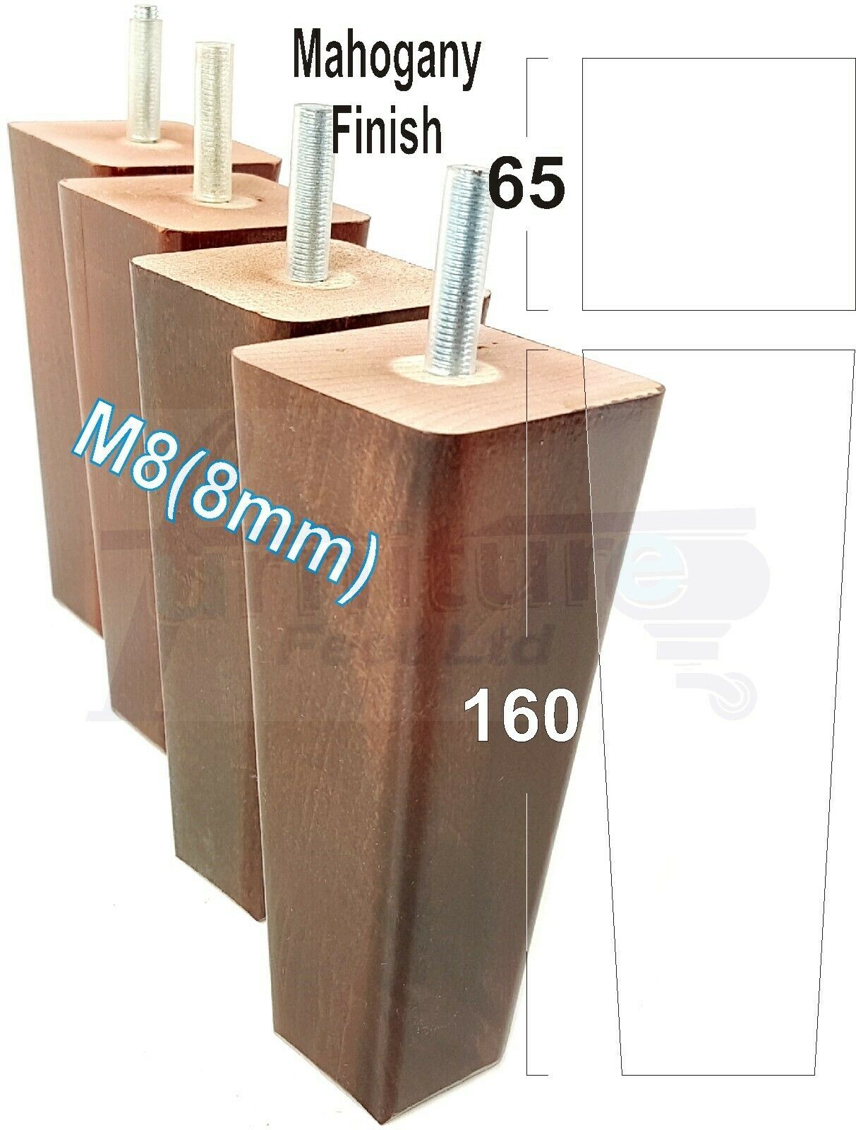 4x Wooden Furniture Legs 160mm High Replacement Square Tapered Feet 8mm