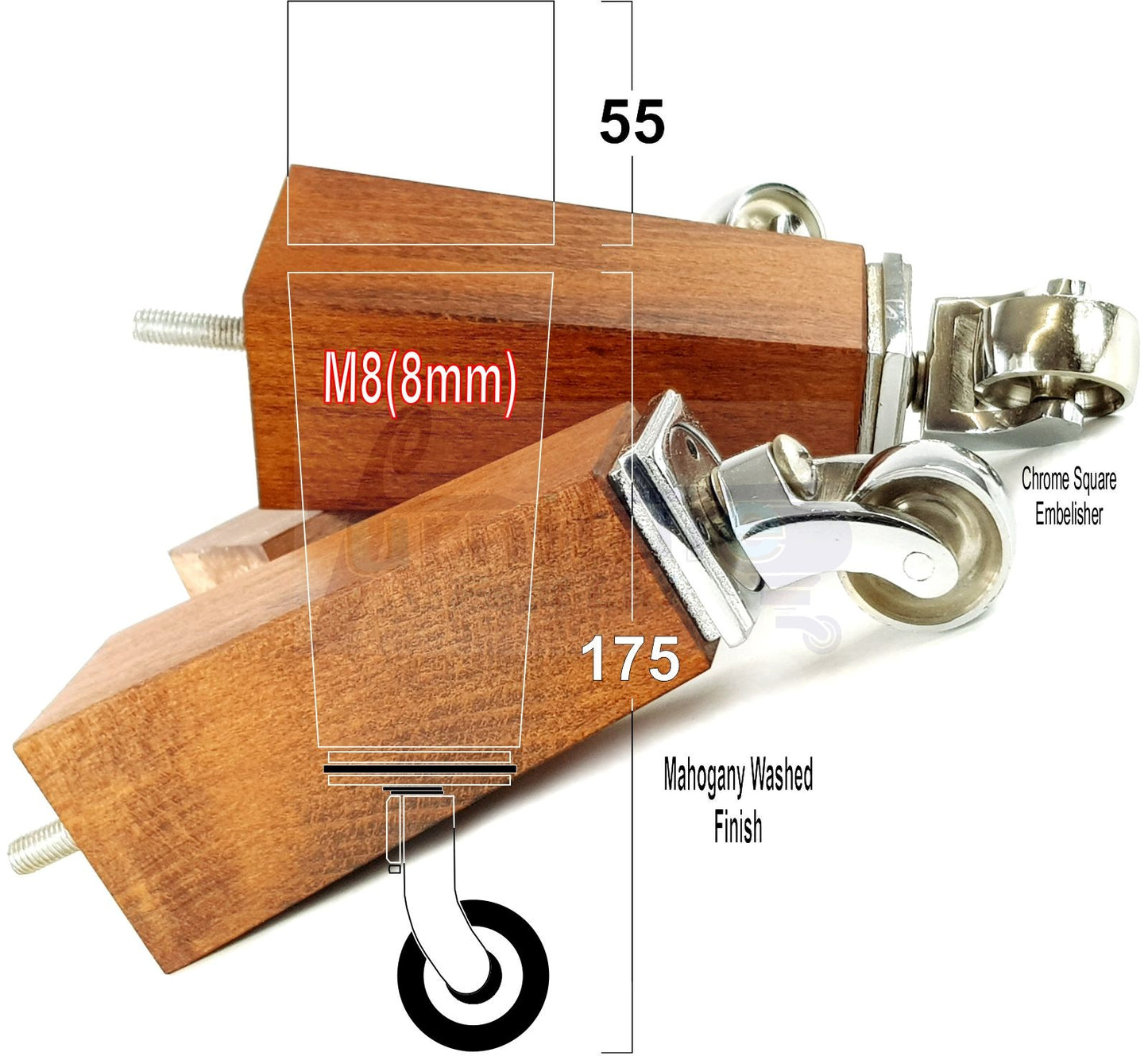 4x Solid Wood Furniture Legs Chair Sofa Bed Replacement Feet 175mm High With Chrome Castors 8mm Thread