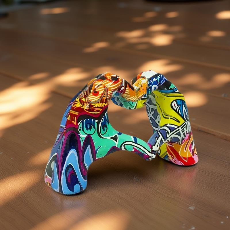 Colourful Graffiti Heart Hands Sculpture Modern Resin Art Modern Abstract Heart Decor 12cm High