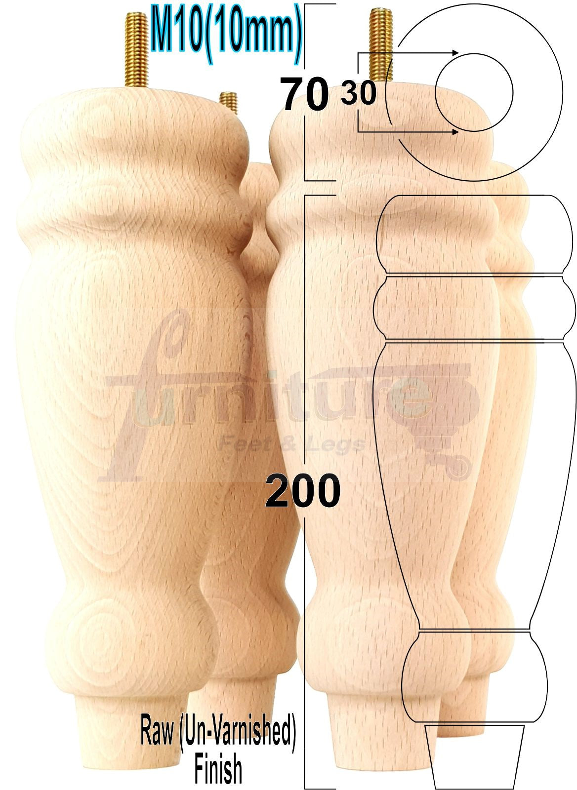 Set Of 4 Turned Furniture Legs Replacement Sofa Feet 200mm Hight M10 Thread