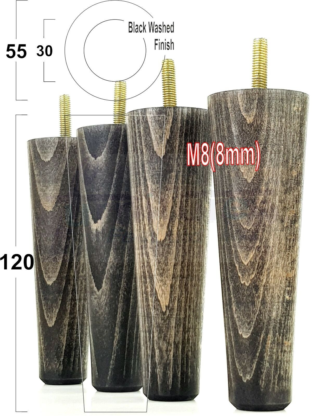 4 Wood Replacement Furniture Chair Legs M8 Footstool Settee Sofa Feet 120mm High
