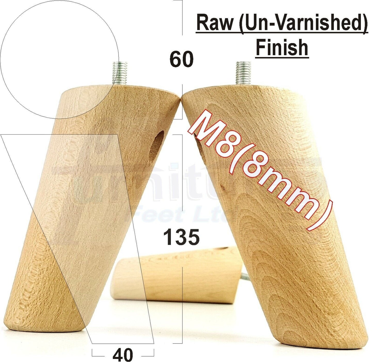 4 Solid Wood Turned Furniture Feet Replacement Mid Centry Angled Retro Legs 135mm High M8 Sofa Chairs Stools Cabinets Beds