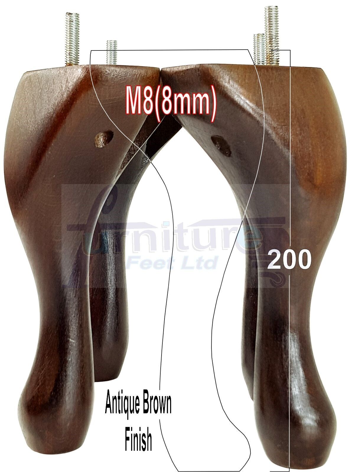 4 Solid Wood Furniture Feet 200mm High Vintage Queen Anne Replacement Legs M8 8 Inches