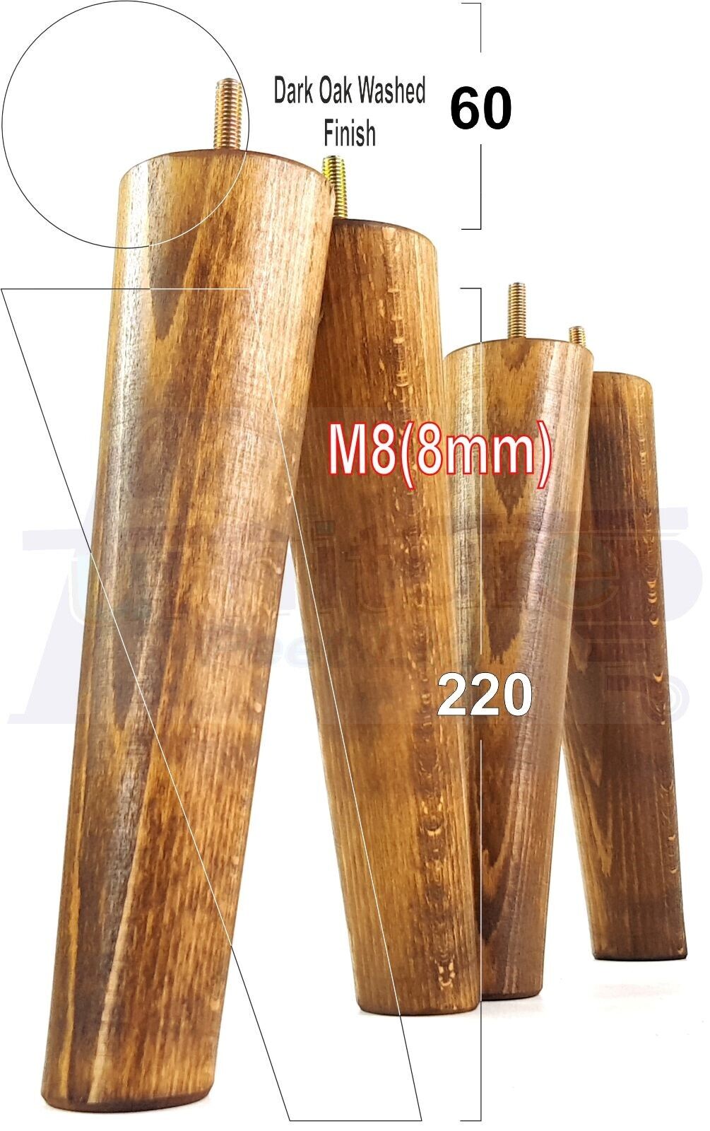 4 Solid Wood Turned Furniture Feet Replacement Mid Centry Angled Retro Legs 220mm High M8 Sofa Chairs Stools Cabinets Beds