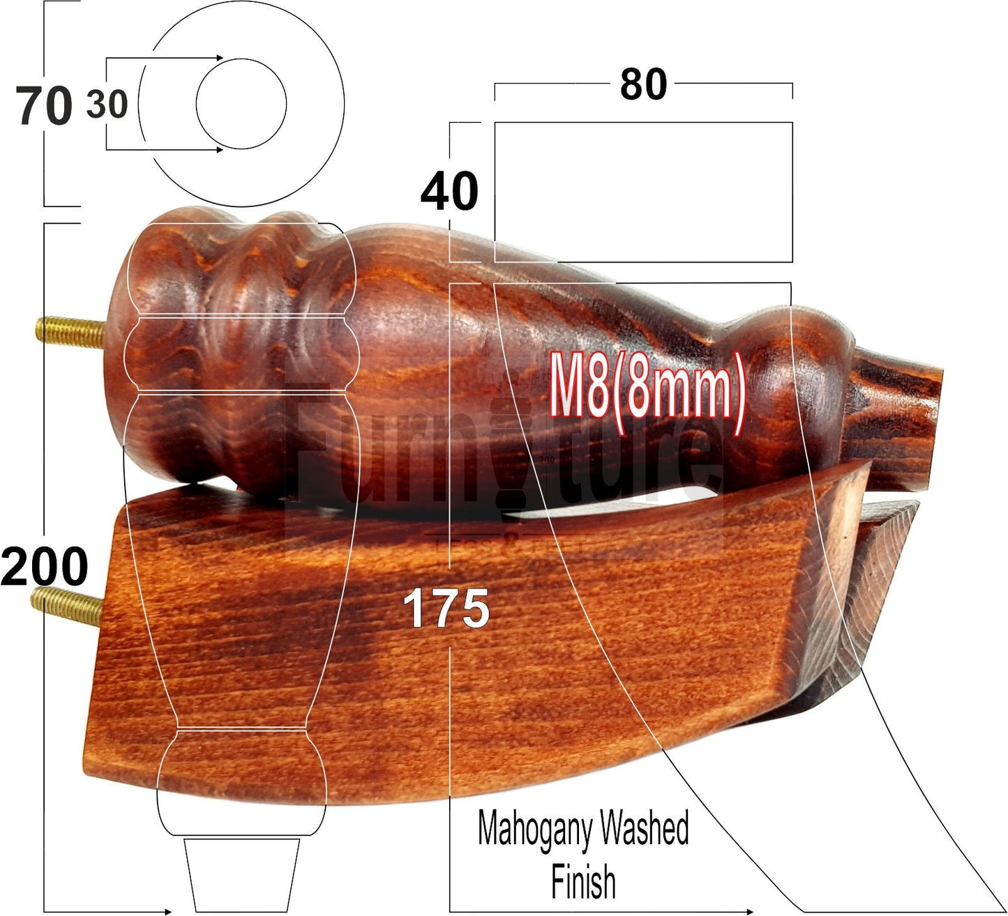 2 Turned Furniture Feet Replacement Sofa Legs 200mm & 2 Curved Back Legs 185mm for Chairs Sofa Settee Cabinets M8