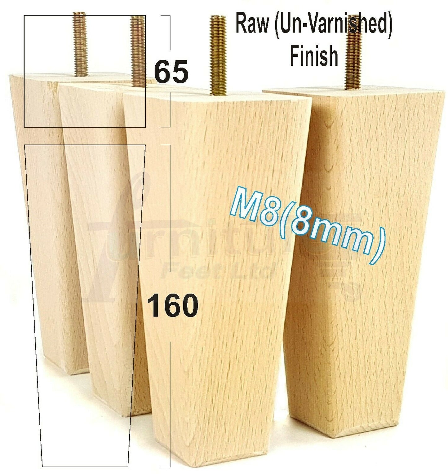 4x Wooden Furniture Legs 160mm High Replacement Square Tapered Feet 8mm