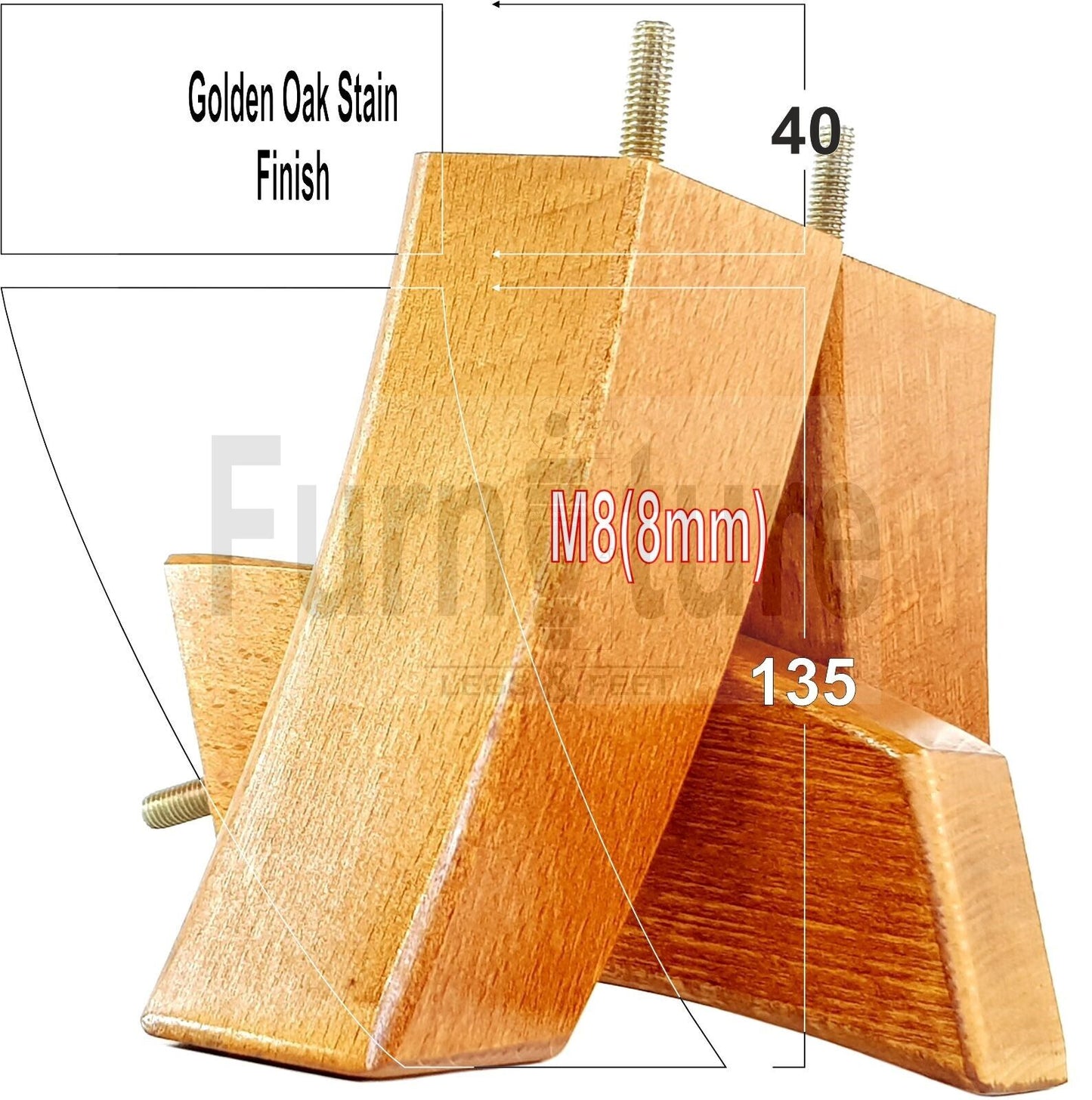 SET OF 4 WOODEN FURNITURE FEET 135mm HIGH REPLACEMENT SOFA LEGS 8mm Thread