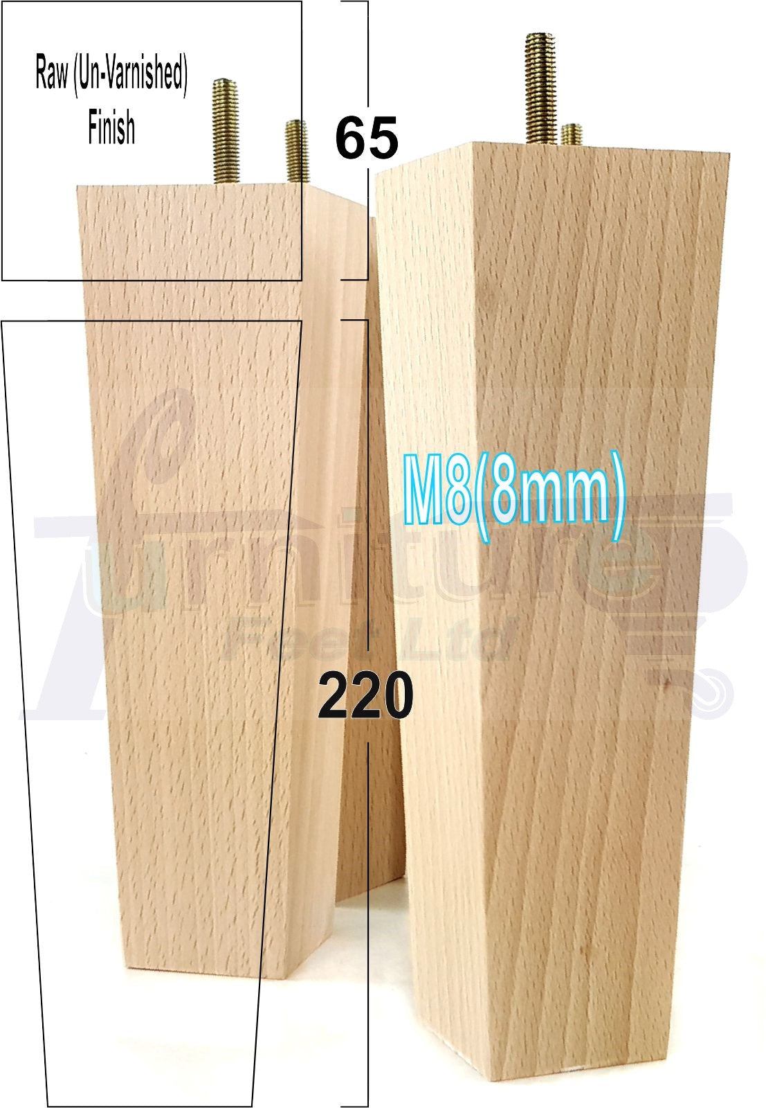 4 Solid Wood Furniture Feet Square Replacement Block Tapered Legs 220mm High M8 Sofa Chairs Stools Cabinets Beds