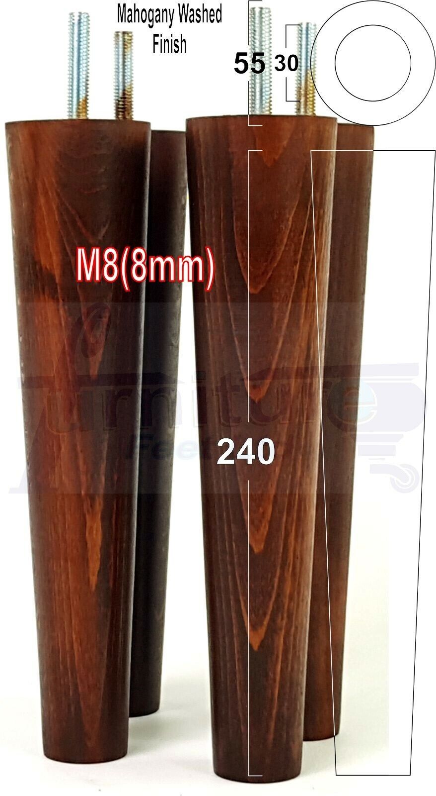 4 Retro Wood Replacement Furniture Chair Legs M8 Footstool Settee Sofa Feet 240mm High