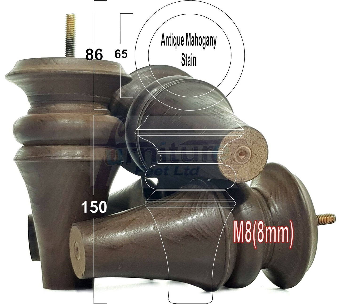 4x Turned Furniture Legs 150mm High M8(8mm) Replacement Feet