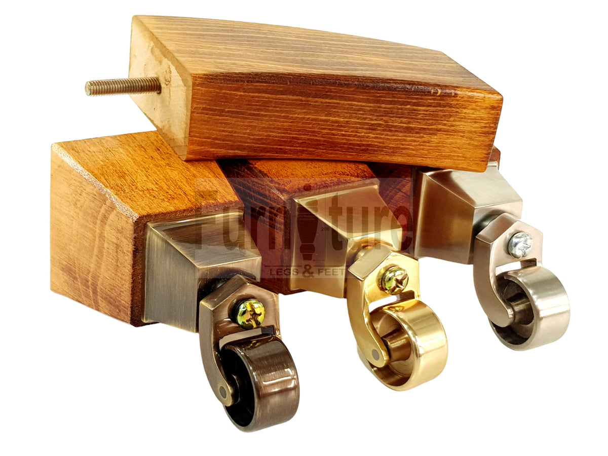 2x Curved Wood Furniture Legs & 2x Castor Feet 150mm High For Chairs Sofas Settees 8mm Thread