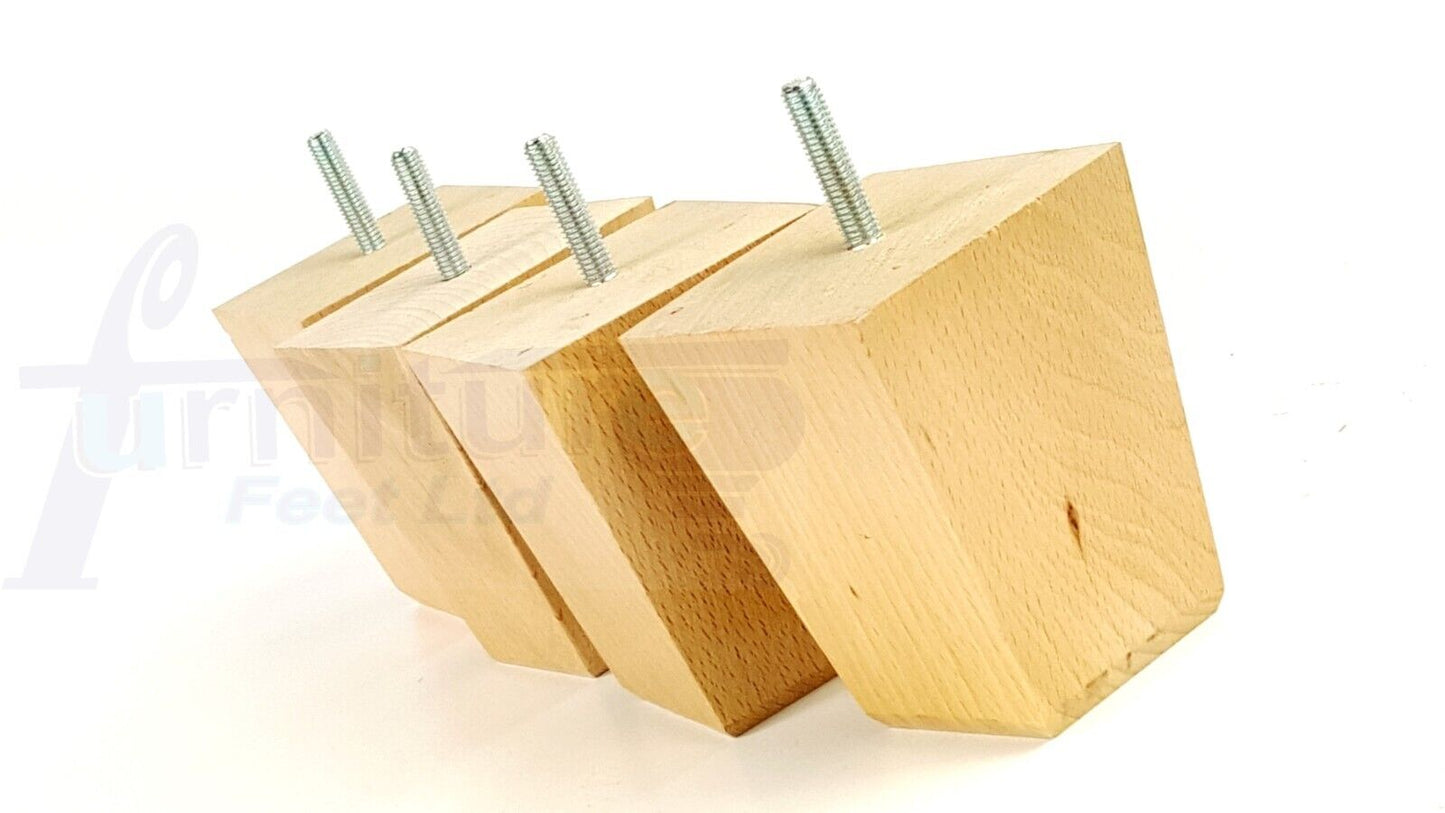 Set Of 4 Square Block Solid Wood Furniture Feet Replacement Legs 100mm High M8(8mm)